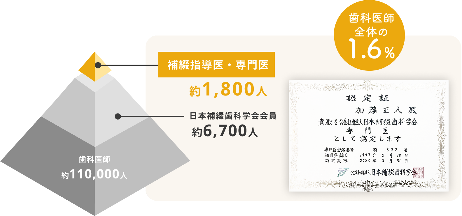 補綴指導医・専門医:約1,800人 日本補綴歯科学会会員:約6,700人 歯科医師:約110,000人 歯科医師全体の1.6% 認定証